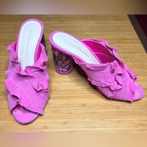 Loeffler Randall Pink Ruffle Beaded Block Heel Mules